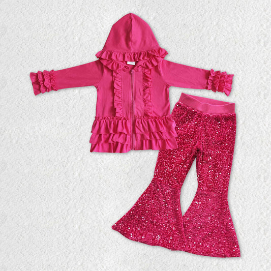 GLP1049组合 hoodie ruffle hotpink cotton solid long sleeve sequin girl outfit 20231108 RTS