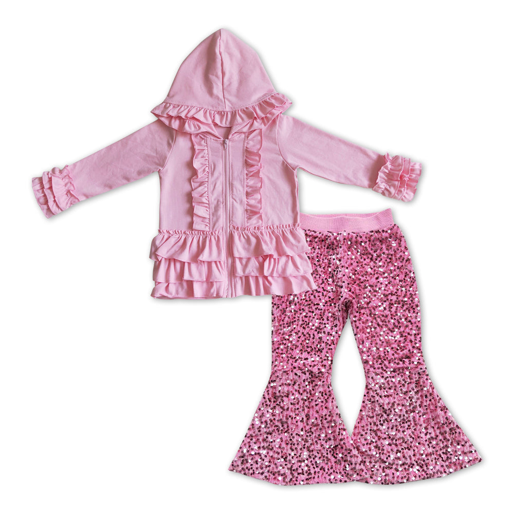 GLP1049组合 hoodie ruffle hotpink cotton solid long sleeve sequin girl outfit 20231108 RTS