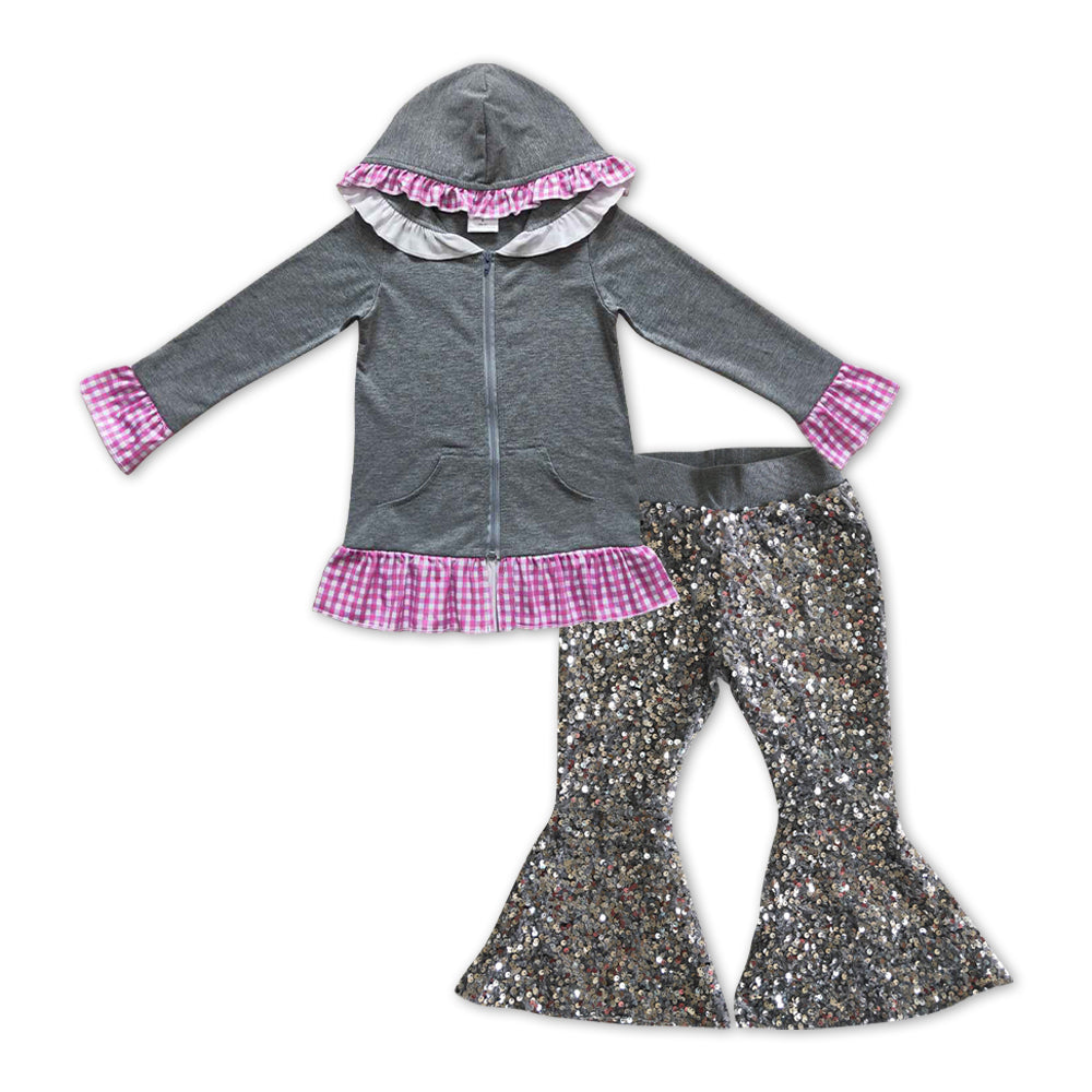 GLP1051组合 hoodie ruffle grey cotton solid long sleeve sequin girl outfit 20231108 RTS