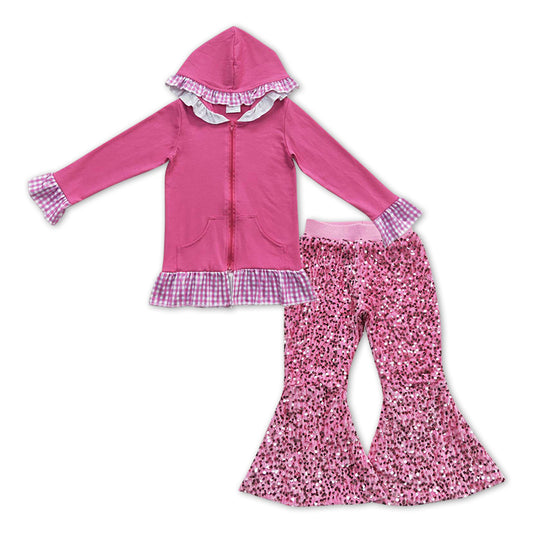 GLP1052组合 hoodie zip hot pink cotton solid long sleeve sequin girl outfit 20231108 RTS