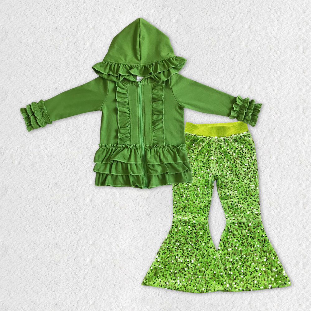 GLP1056 hoodie ruffle  green  cotton solid long sleeve sequin girl outfit 20231111 RTS