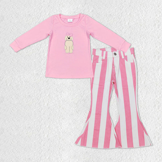 GLP1147 embroidery dog pink stripe denim jeans girl outfit 202312 RTS