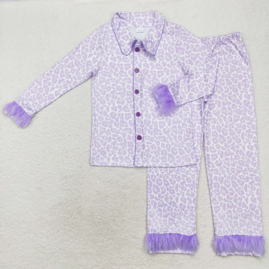 GLP1263  fluffy fur adult woman mama & kids leopard pajamas Purple plush sleeves outfit 202408 RTS