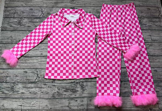 GLP1265 preorder adult checkerboard woman mama & kids pajamas plush sleeves outfit 202407