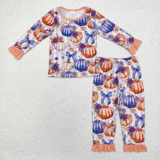 GLP1619 BAMBOO Halloween pumpkin ruffle girl pajamas outfit 202408 sibling