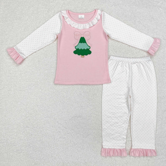 GLP1628 embroidery Christmas tree bow  girl cotton pajamas outfit 202409 RTS sibling