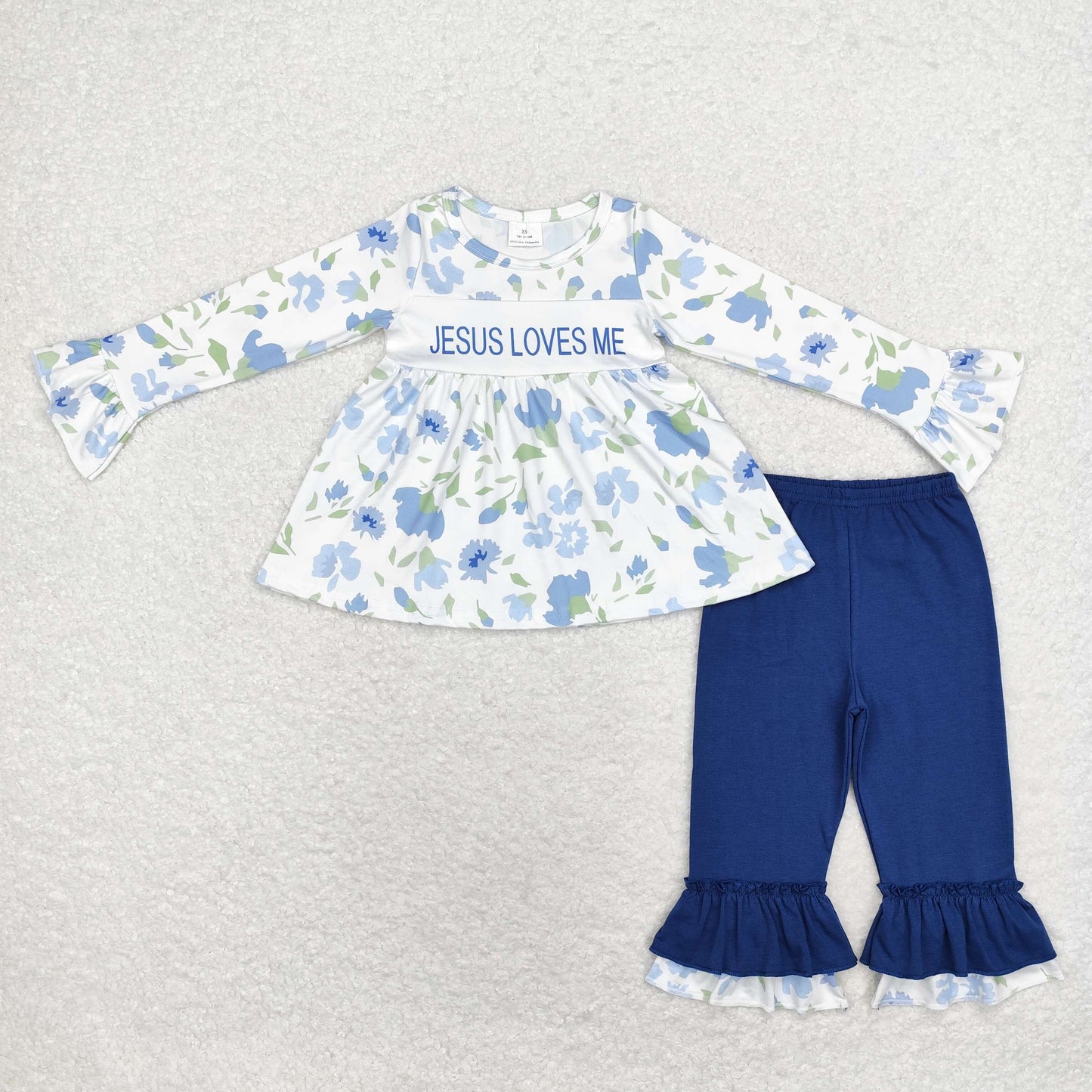 GLP1669 blue flower Jesus love me sibling girl outfit  202408 RTS