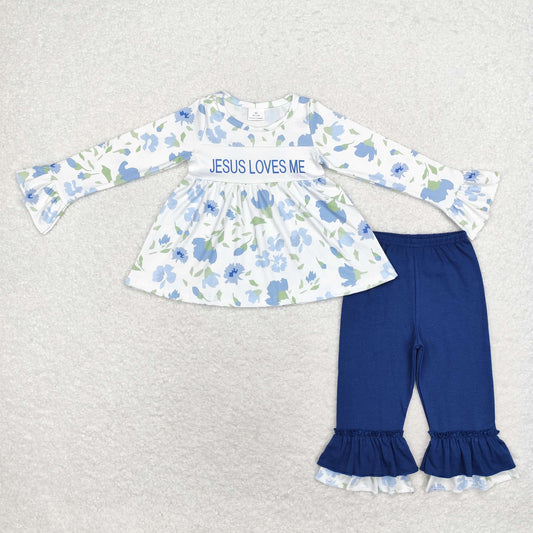 GLP1669 blue flower Jesus love me sibling girl outfit  202408 RTS