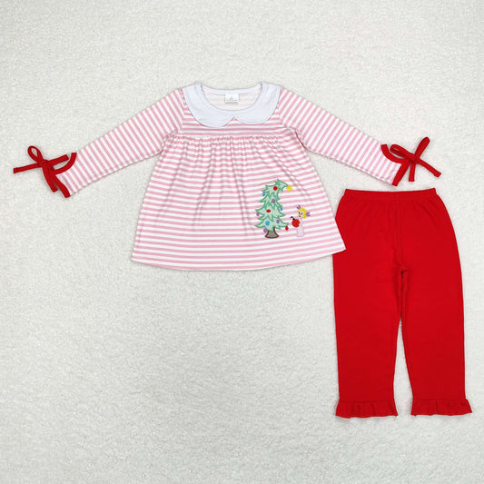 GLP1677 Christmas tree embroidery sibling girl pajamas outfit 202409 RTS