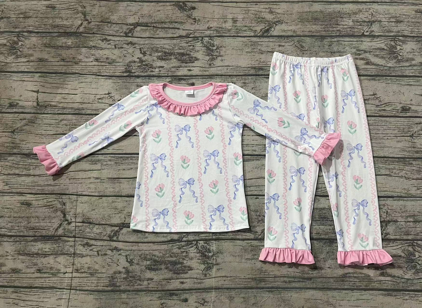 GLP1693 Bamboo  Christmas bow flowers sibling girl pajamas outfit 202408 RTS