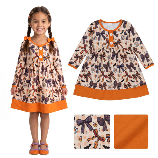 GLD1708 RTS Girls Long Sleeve Dress Halloween Bow Daisy Print Orange Color Block Hem Casual Dress