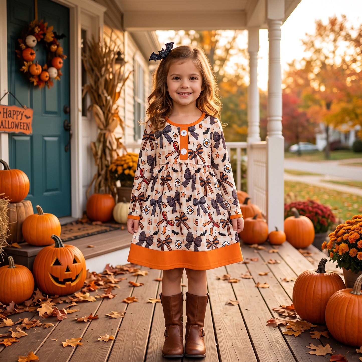GLP1708 RTS Girls Long Sleeve Dress Halloween Bow Daisy Print Orange Color Block Hem Casual Dress