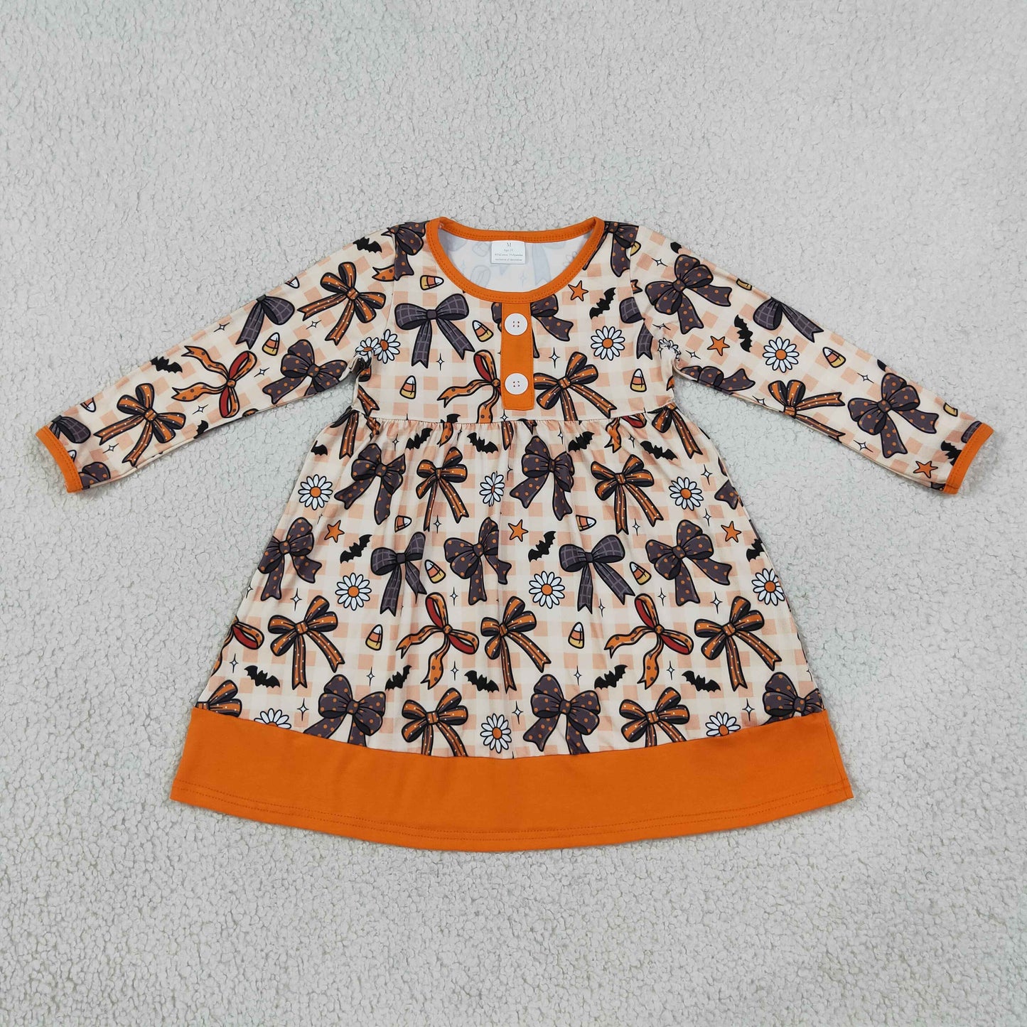 GLP1708 RTS Girls Long Sleeve Dress Halloween Bow Daisy Print Orange Color Block Hem Casual Dress
