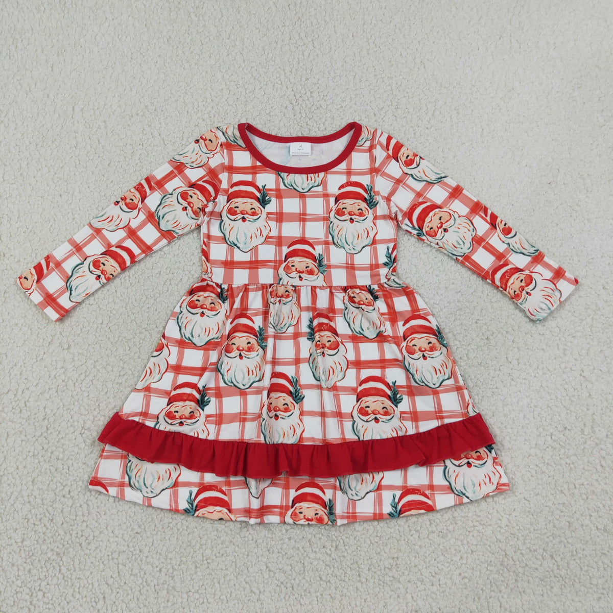 NO MOQ RTS GLP1710 Christmas Santa Dress Red Plaid Ruffle Hem Long Sleeve Girl