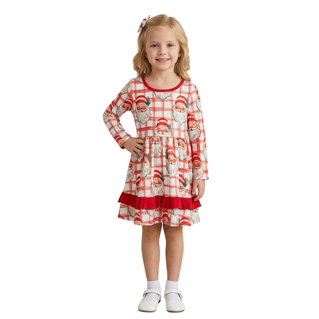 NO MOQ RTS GLP1710 Christmas Santa Dress Red Plaid Ruffle Hem Long Sleeve Girl