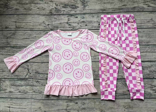 GLP1722 smile checkerboard long sleeve children girl outfit pajamas preorder 202409