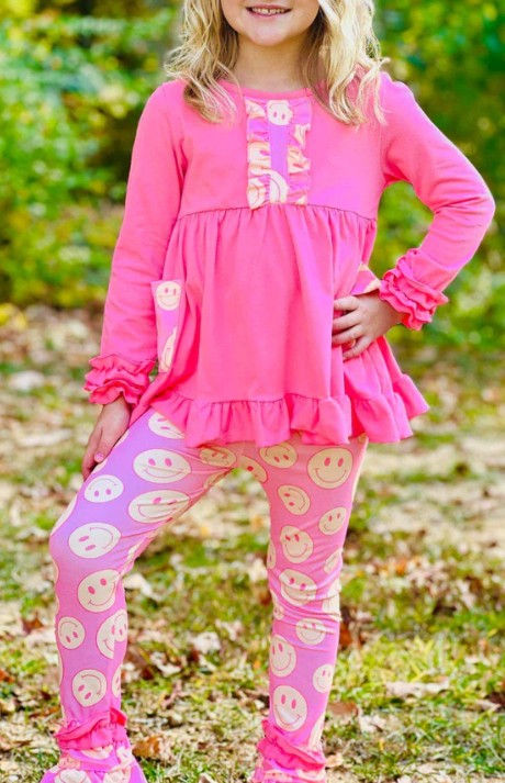 GLP1872 smile solid cotton pink long sleeve girl outfit  202408 sibling preorder