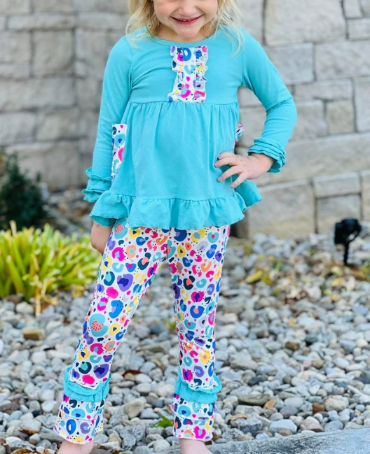 GLP1873 smile solid cotton blue green long sleeve girl outfit  202408 sibling preorder