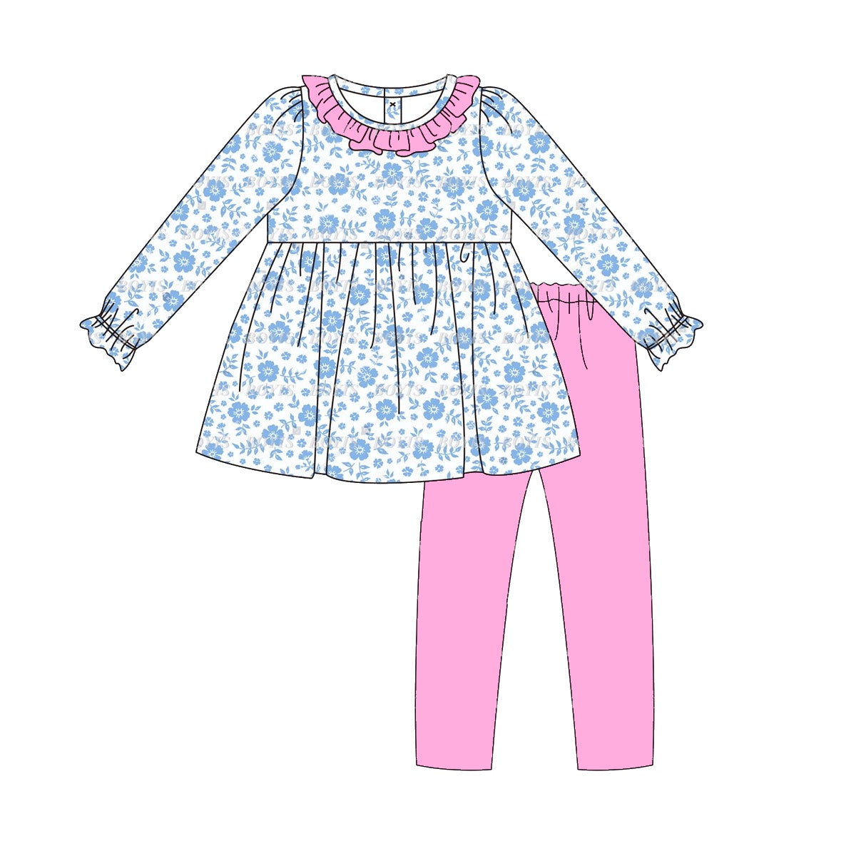 GLP1875 blue flower long sleeve girl outfit  202408 sibling preorder