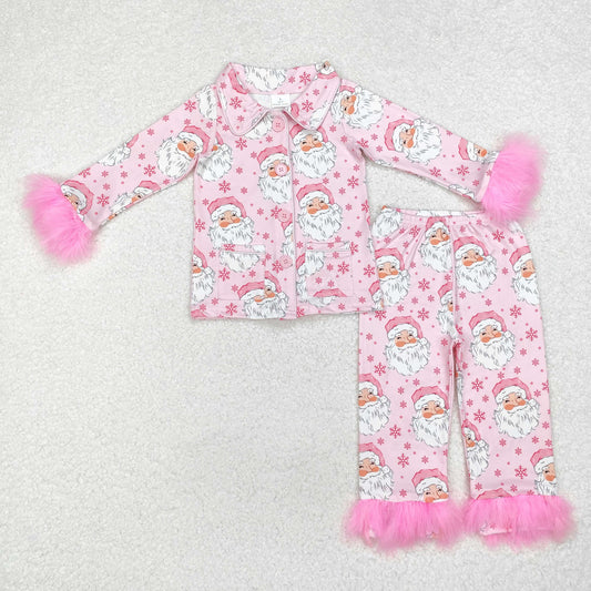 GLP1900 RTS Christmas santa fluffy fur sleeves pink long girl pajamas outfit 202411 sibling