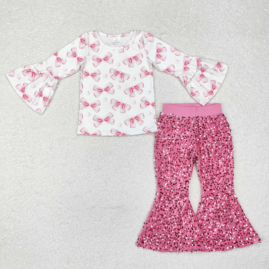 GLP1991组合 bow pink flare sleeve sequin pants hot pink girl outfit 202411 RTS