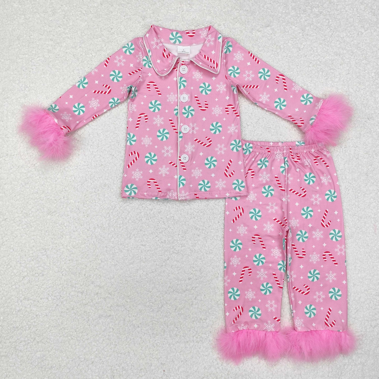 GLP2025 RTS Christmas cane fluffy fur sleeves pink long girl pajamas outfit 202411 sibling