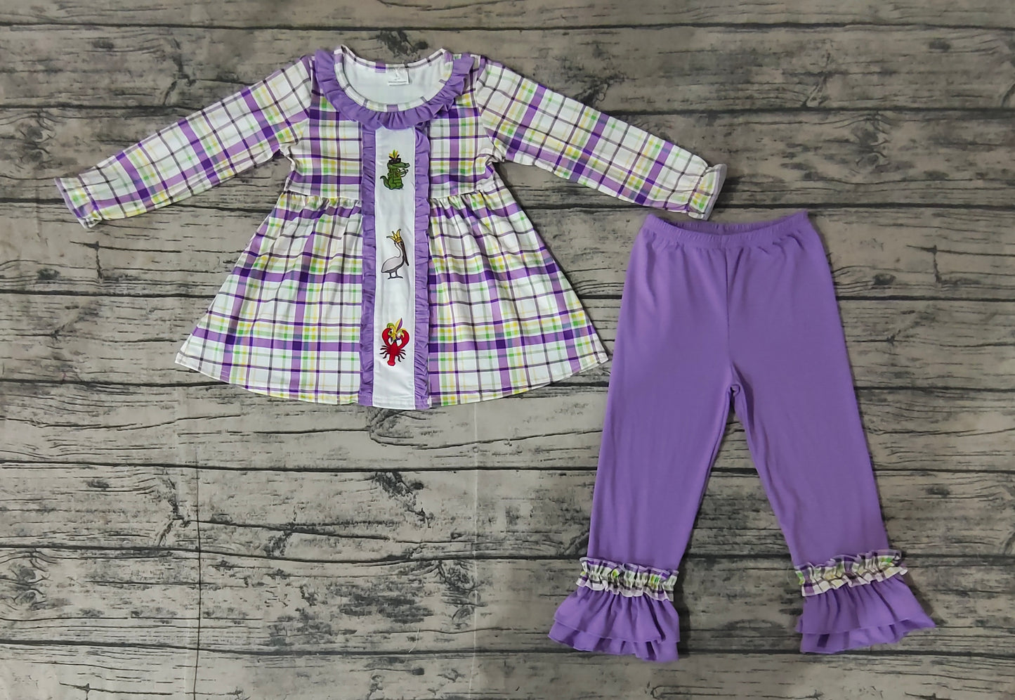 GLP2114 Mardi Gras purple cray fish dinosaur duck western preorder  pants girl outfit 202410