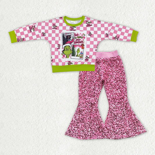 GLP2141组合 RTS grinch Christmas checkerboard long sleeve sequin girl OUTFIT 202410