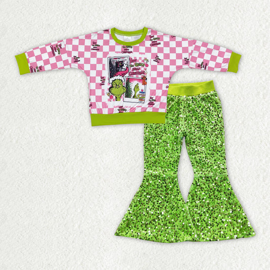 GLP2142组合 RTS grinch Christmas checkerboard long sleeve sequin girl OUTFIT 202410