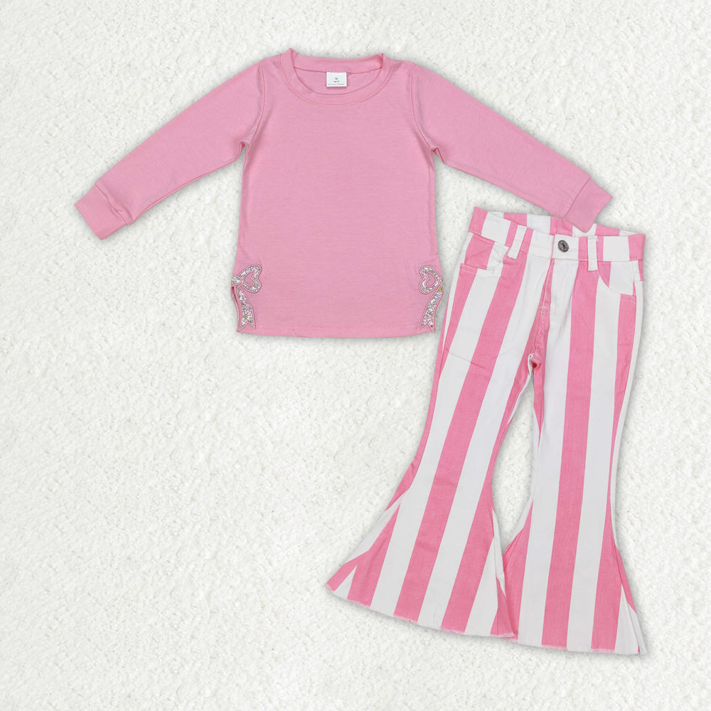 GLP2302 组合 Ebroidery bow western stripe pink denim jeans girl outfit 202412 RTS