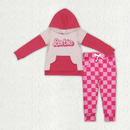 GLP2319 组合 hoodie barbie hot pink checkerboard girl outfit 202412 RTS