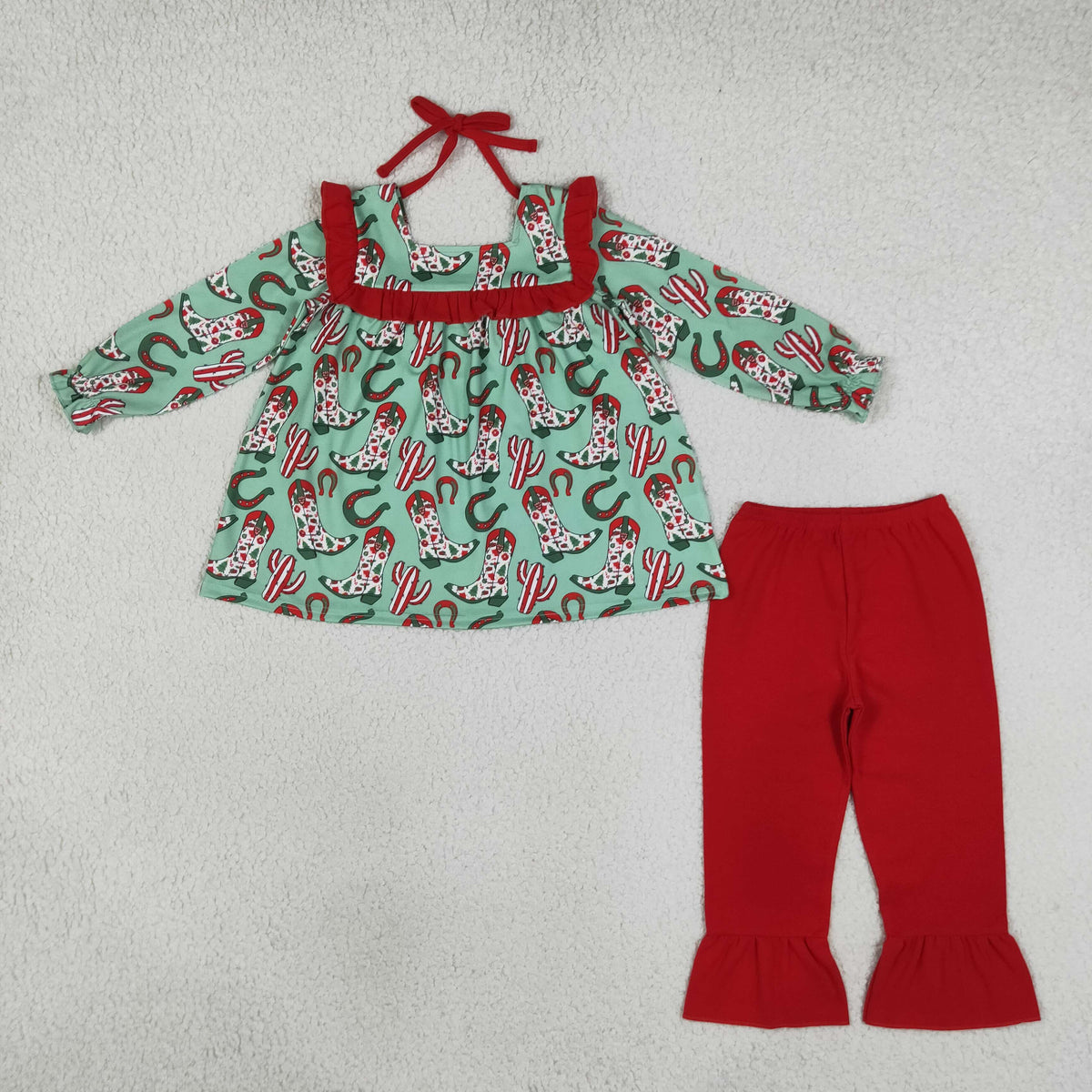 NO MOQ RTS GLP2355 Baby Girl Clothes Western Boot Cactus Allover Print Long Sleeve Ruffle Pant Set 202610