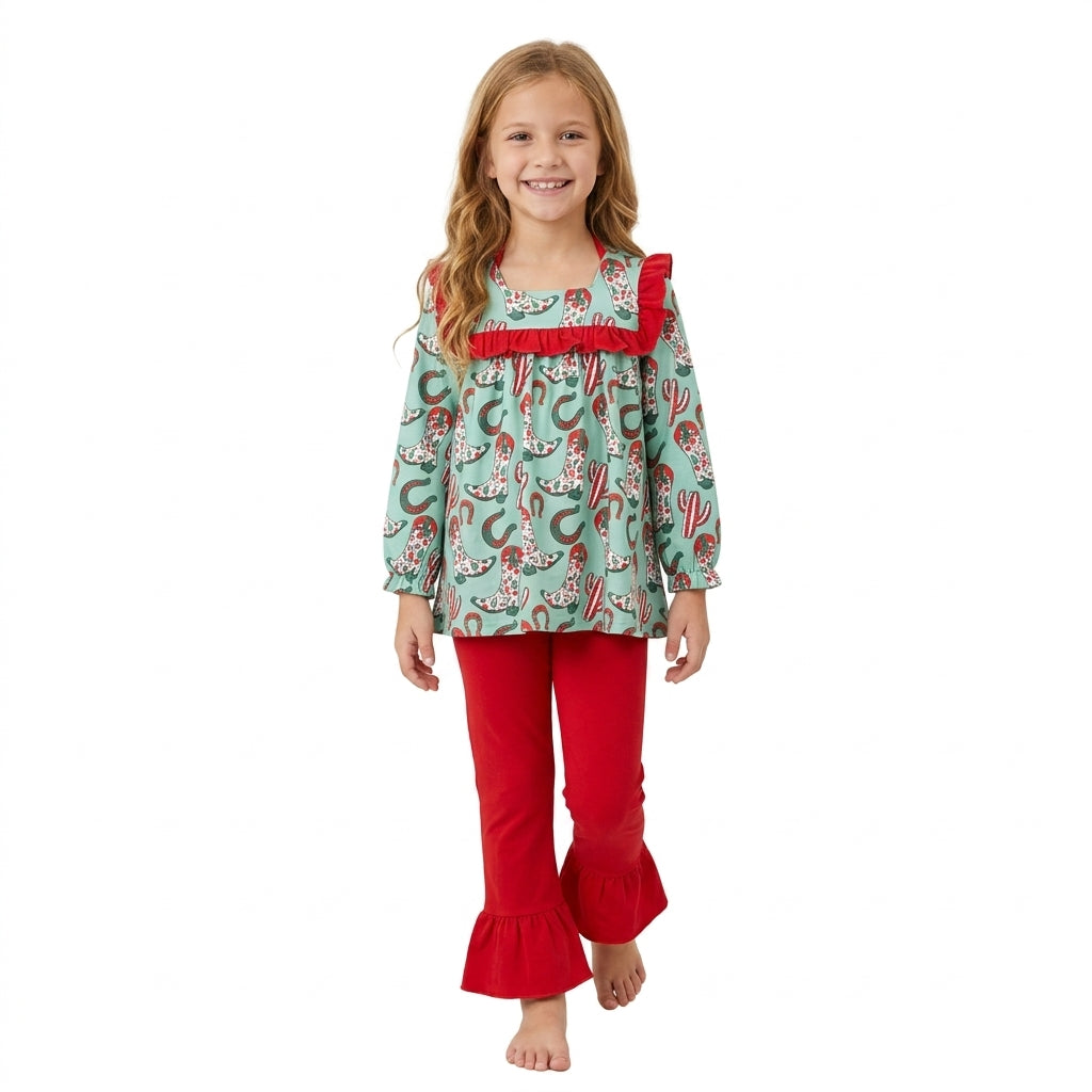 NO MOQ RTS GLP2355 Baby Girl Clothes Western Boot Cactus Allover Print Long Sleeve Ruffle Pant Set 202610