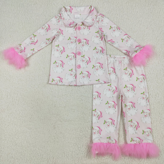 GLP2376 feather bow Cristmas Santa kids girl Pajamas outfit 202507 RTS