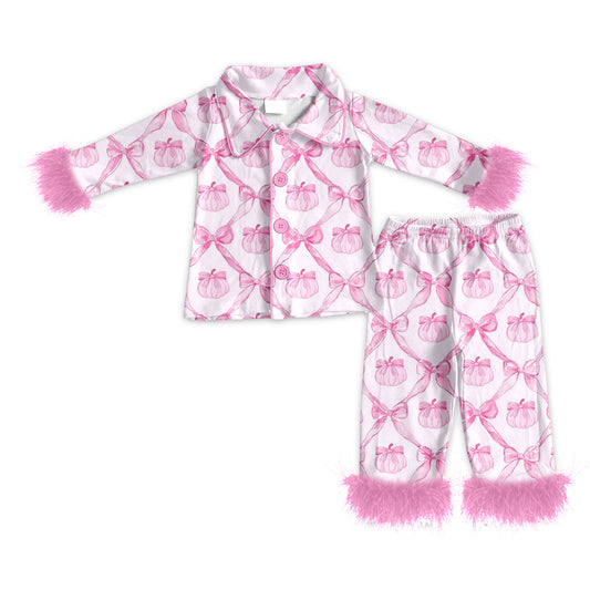 GLP2377 feather bow halloween pumpkin pink kids girl outfit 202505 preorder