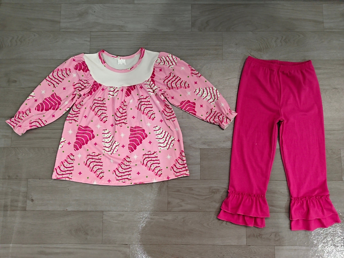 Sample-Real Pics GLP2502 Baby Girl Clothes Pink Christmas Tree Slice Print Long Sleeve Top Ruffle Pant Set