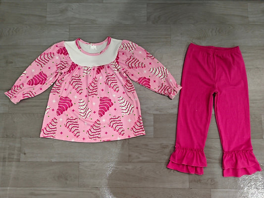 Sample-Real Pics GLP2502 Baby Girl Clothes Pink Christmas Tree Slice Print Long Sleeve Top Ruffle Pant Set