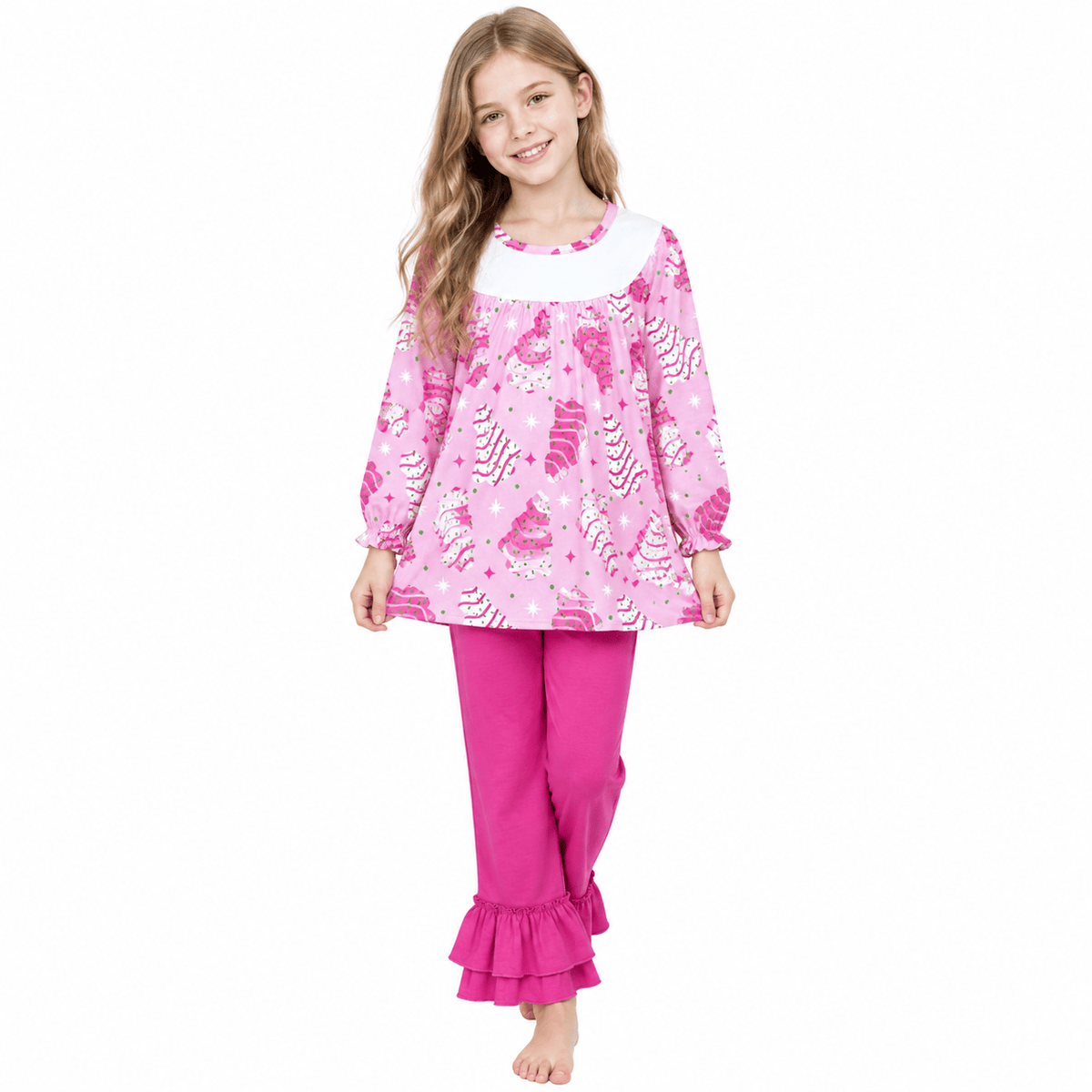 NO MOQ RTS GLP2502 Baby Girl Clothes Pink Christmas Tree Print Long Sleeve Ruffle Pant Set 202610