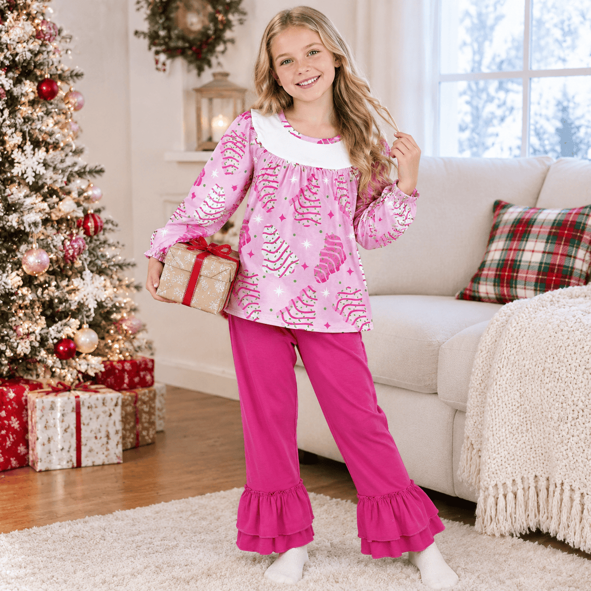 NO MOQ RTS GLP2502 Baby Girl Clothes Pink Christmas Tree Print Long Sleeve Ruffle Pant Set 202610