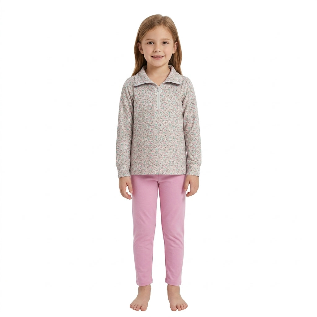 NO MOQ RTS GLP2666-bundle (2) Baby Girl Clothes Tiny Floral Print Half Zip Collar Long Sleeve Top Solid Pink Pant Set 202609