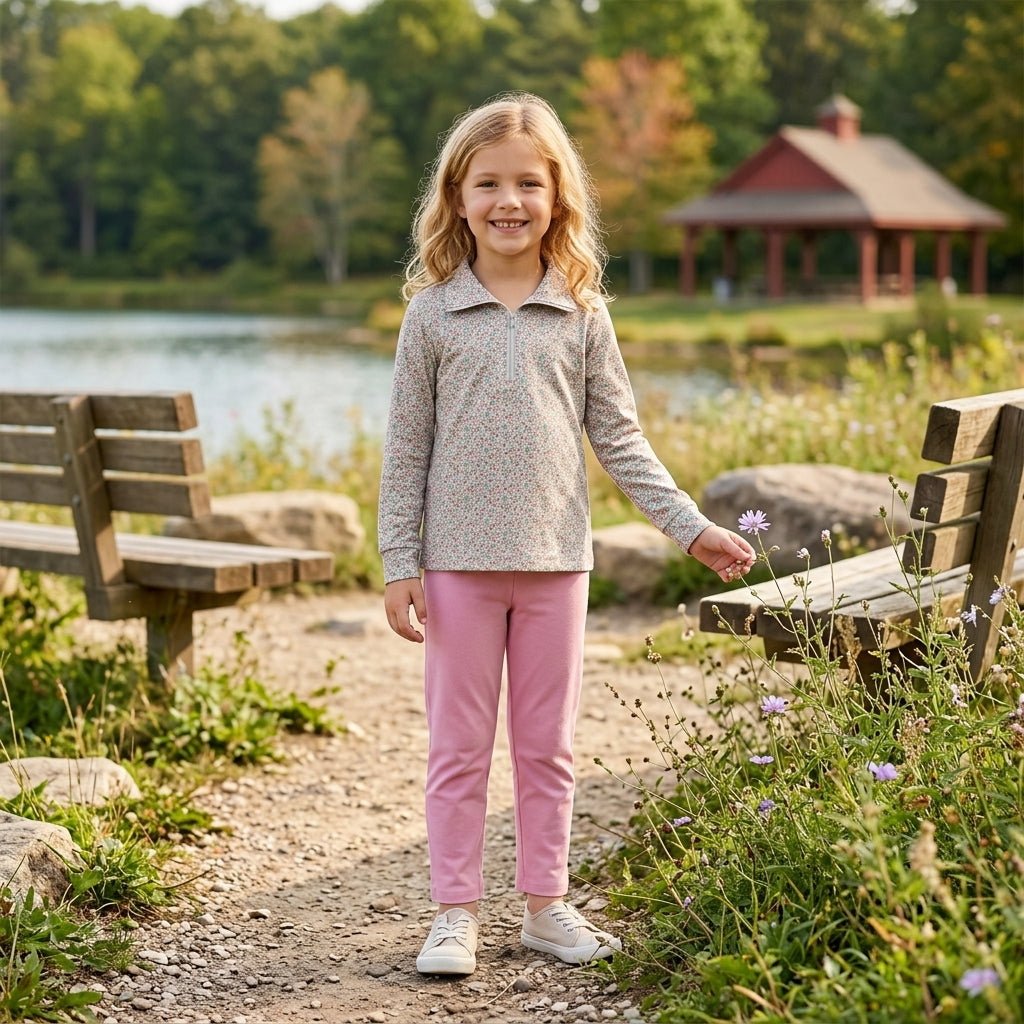 NO MOQ RTS GLP2666-bundle (2) Baby Girl Clothes Tiny Floral Print Half Zip Collar Long Sleeve Top Solid Pink Pant Set 202609
