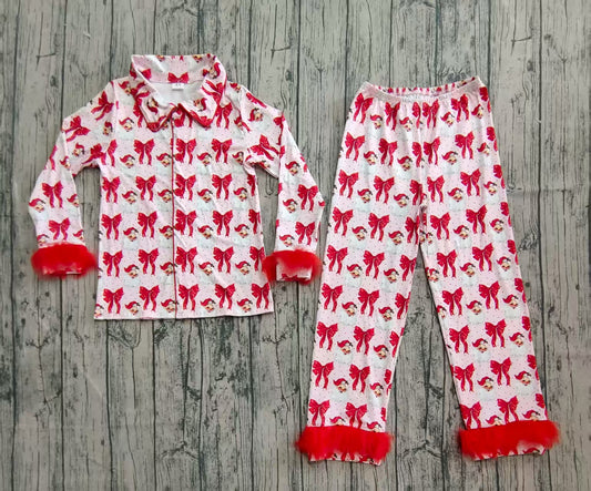 GLP2715  adult pajamas Christmas Santa bow feather fur fluffy sleeves pink long women outfit 202508  sibling