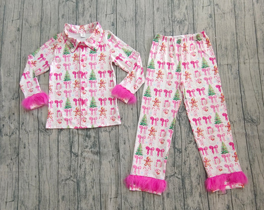 GLP2717 adult pajamas Christmas gingerbread  bow feather fur fluffy sleeves pink long women outfit 202508  sibling