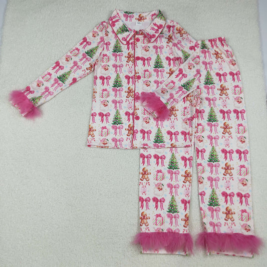 GLP2717 adult pajamas Christmas gingerbread  bow feather fur fluffy sleeves pink long women outfit 202508  sibling