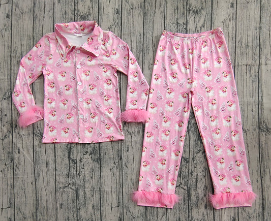 GLP2718 adult pajamas Christmas Santa bow feather fur fluffy sleeves pink long women outfit 202509  sibling