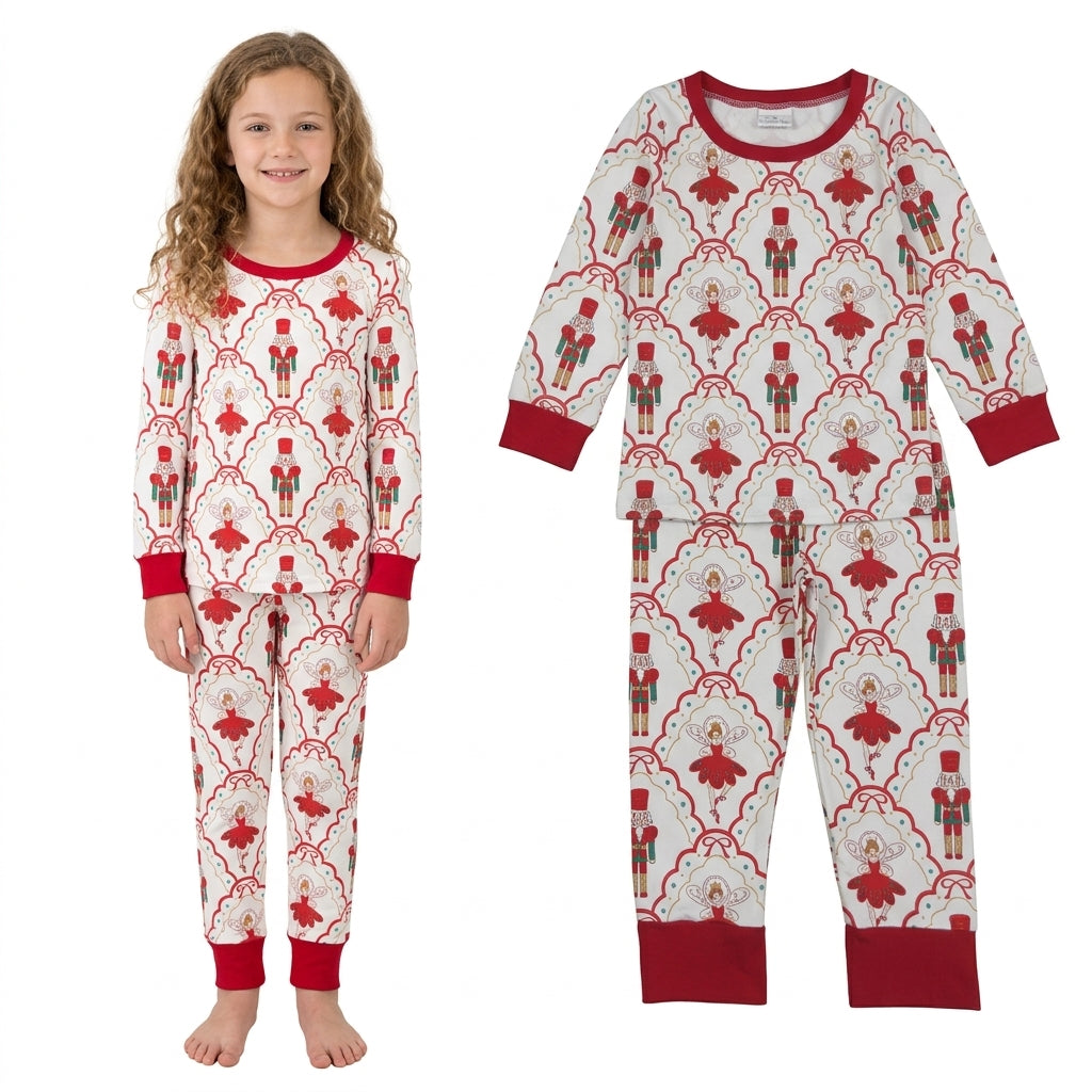 NO MOQ RTS GLP2808 (2) Girl Clothes Nutcracker Fairy Allover Print Long Sleeve Cuff Pant Pajama Clothes Set 202610