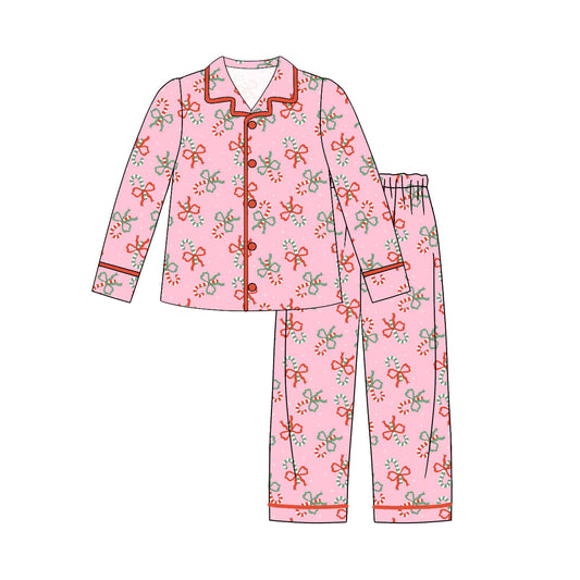 P2814 adult pajamas Christmas Santa bow  sleeves pink long women outfit 202509  sibling