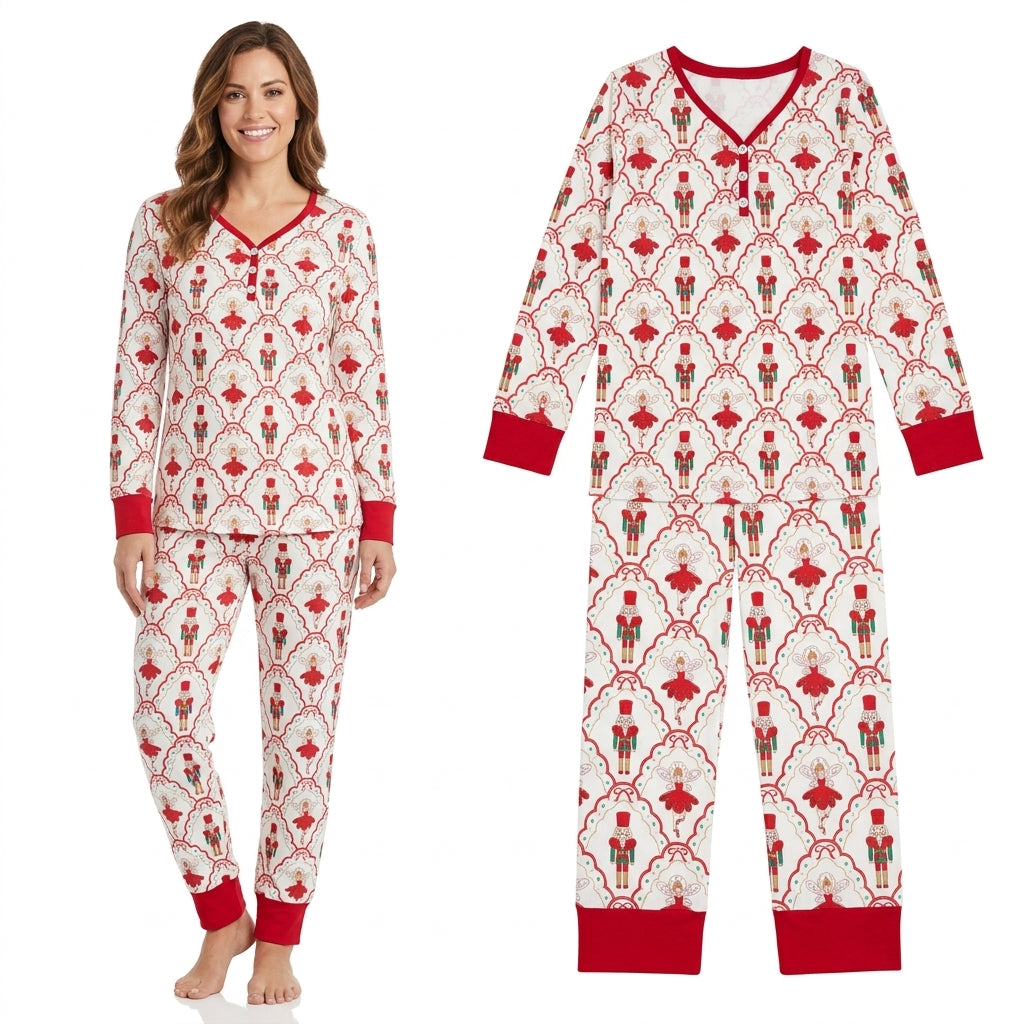 NO MOQ RTS GLP2816 Women Clothes Nutcracker Fairy Allover Print Long Sleeve Cuff Pant Pajama Clothes Set 202610