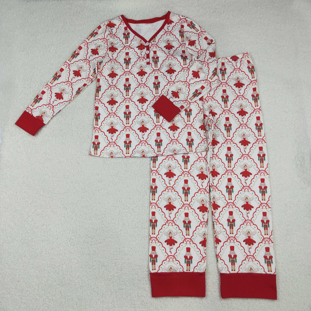 NO MOQ RTS GLP2816 Women Clothes Nutcracker Fairy Allover Print Long Sleeve Cuff Pant Pajama Clothes Set 202610