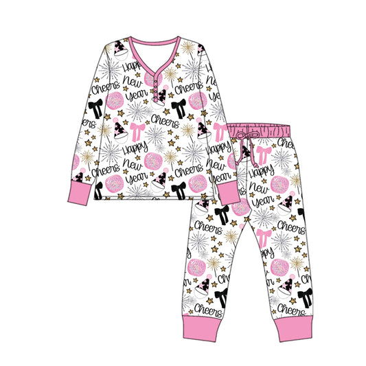 GLP2817  adult pajamas Happy new year bow  santa sleeves pink long women outfit 202509  sibling